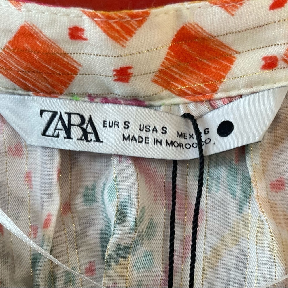 ZARA Dress Size Small Multicolor Metallic Bright Printed Midi Balloon Sleeves - Picture 3 of 6
